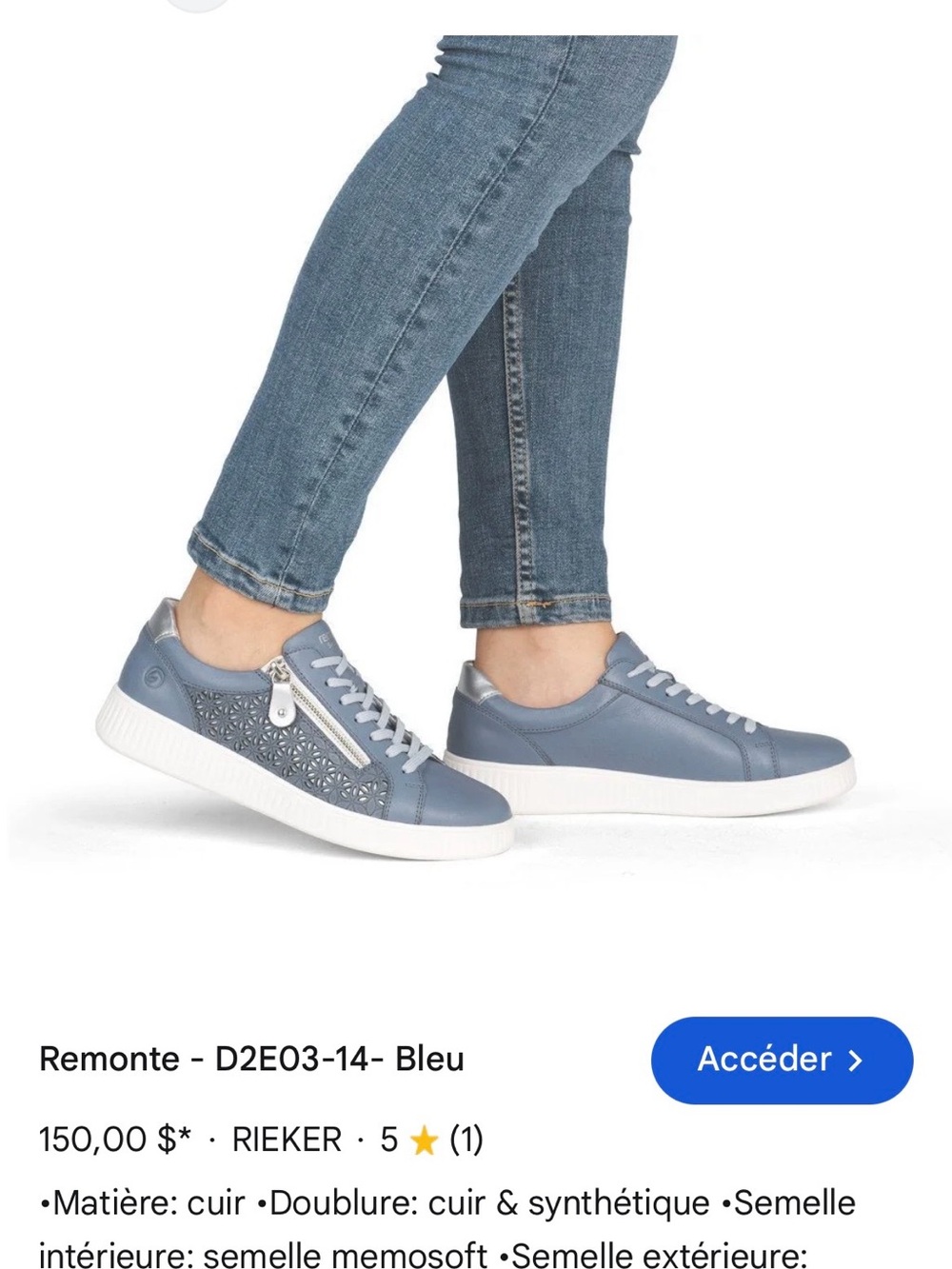 👟Remonte D5830-12 Blue Gray Leather Laser-Cut Sneakers - Size 40 (US 8.5)